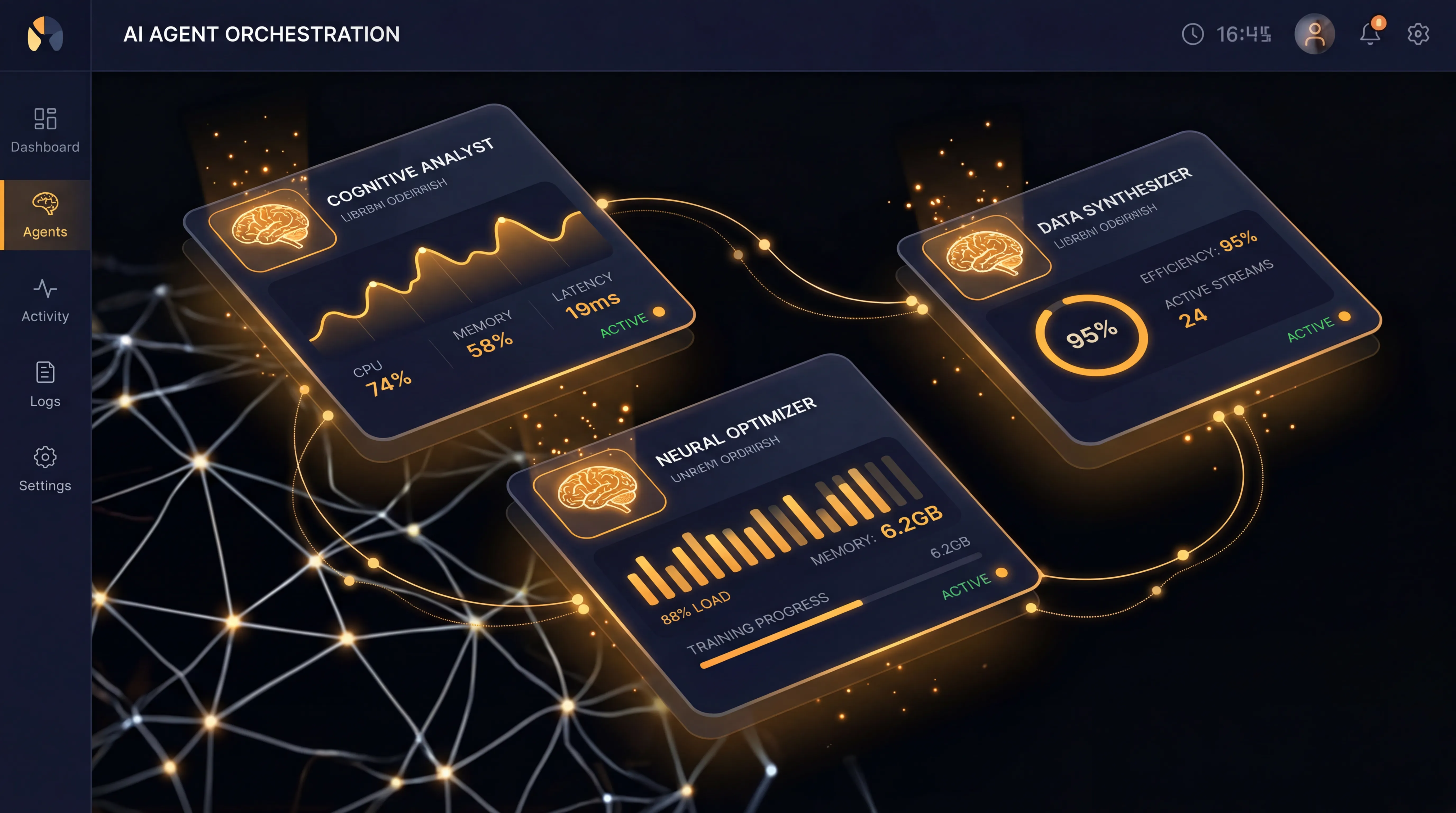 AI agent cards with performance stats